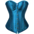 Blue satin overbust corset body shaper top featuring secure front metal busk closure. - Teal