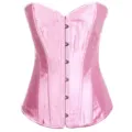 Pink satin overbust corset top with front busk closure for sexy waist shaping and support. - Pink