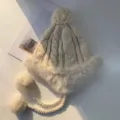 Cozy women's knitted ushanka hat with faux rabbit fur trim, cute pom poms and ear flaps. - M (56-58cm) / Beige