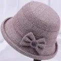 Warm woolen basin hat for elderly women, autumn and winter thick fisherman hat with bow. - Brown Red