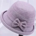 Women winter woolen bucket hat thick warm grandma mother fisherman hat purple herringbone - Light Purple