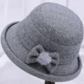 Winter woolen bucket hat for elderly women, thick warm herringbone fisherman hat with bow decor. - Gray