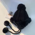 Black knit trapper hat with furry earflaps and pom poms, warm winter cozy beanie for women. - M (56-58cm) / Black