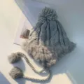Grey knitted trapper hat with soft faux fur trim and cute pom-poms, warm winter ear protection. - M (56-58cm) / Gray