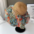 Chapeau de paille bohème femme été large bord en tissu imprimé cachemire et nœud solaire. - Taille unique / Motif cachemire kaki et orange
