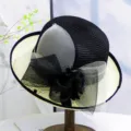 Women elegant summer mesh sun hat black white brim fashion bowler derby beach hat - M (56-58cm) / Beige - Rolled Edge Ice Silk Feel Style