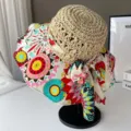 Chapeau de paille bohème pour femme avec bord large à imprimé floral coloré et ruban. - Taille unique / Beige à cercles verts