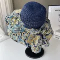 Chapeau de paille style bohème avec ruban écharpe paisley, chapeau de soleil d'été élégant. - Taille unique / Bleu Marine Paisley