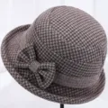Chapeau cloche en laine pied-de-poule pour femmes, élégant chapeau avec nœud papillon. - Réglable / Café