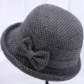 Grey houndstooth woolen bucket hat for women, classic autumn winter warm basin hat style. - Adjustable / Gray