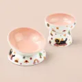 Pink ceramic cat bowl elevated pet food water bowl with cute cartoon design for kitten. - Two-Piece Set / Pink