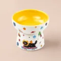 Ceramic elevated cat bowl in yellow, pet food water feeding bowl with cute cartoon patterns, 120mm - Flat Bowl / Yellow