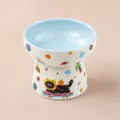 Elevated ceramic cat bowl with cute cartoon design, ergonomic pet food and water feeder blue - Flat Bowl / Blue