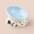 Elevated ceramic cat bowl with tilted design, cute cartoon pattern, 170ml capacity. - Slanted Bowl / Blue