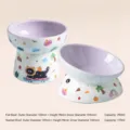 Purple ceramic raised cat bowl with cute pattern, anti-overturn pet food water bowl. - Two-Piece Set / Purple