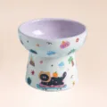 Ceramic elevated cat bowl for food and water, cute cartoon design, purple inner, protect. - Flat Bowl / Purple