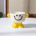 Yellow ceramic pet bowl with cute smiley face, high foot and ears, 11.6x10.8cm 180ml - Round / Yellow