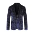 Detalle de blazer de terciopelo con patrón geométrico dorado, elegante chaqueta de fiesta. - Talla europea 48 (XS) / Azul marino