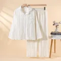 Set pigiama donna floreale maniche lunghe pantalone, cotone bianco abbigliamento. - Taglia L / Completo in garza (Mare di rose)