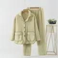 Damen Winter Verdickter Plüsch Pyjama Set Warme Fleece Knöpfen Loungewear mit Taschen - M / Damen-Kardamomgrün