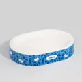 Ovale Katzenkratzbrett Mittlere Größe Blaues Leopardenmuster Wellpappe Katzenbett - Katzenkratzbrett aus weißer Pappe mit Leopardenmuster / Dunkelblau [45*9]