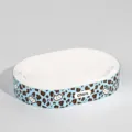 Ovale Katzenkratzbrett Pappe Bett mit blauem Leopardenmuster und niedlichem Katzenkopf Design. - Katzenkratzbrett aus weißer Pappe mit Leopardenmuster / Hellblau [45*9]
