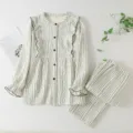 Herfst winter katoen gewatteerd lange mouw pyjama set gestreept loungewear warme nachtkleding - M / Boven- En Onderstuk / Eenvoudige zwarte strepen