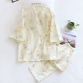 Women cotton kimono pajama set floral sleepwear japanese loungewear spring autumn home clothes - M / Top And Bottom / Small Floral Gauze Set