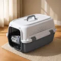 Portable pet carrier crate for dogs and cats, grey plastic travel kennel with secure wire door. - Consignment Style / Size M (Under 5kg) / Elegant Grey