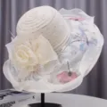 Elegant women wide brim sun hat summer beach floral lace sunhat uv protection floppy hat - M (55-58cm) / Wide Brim Rose Style / Marled Beige