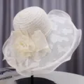Elegant women wide brim sun hat summer beach lace floral sun protection fisherman hat - M (55-58cm) / Wide Brim Rose Style / Beige
