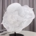 Women wide brim sun hat lace floral foldable beach summer elegant sun hat detail display - M (55-58cm) / Wide Brim Rose Style / White