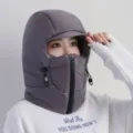 Invierno térmico ciclismo cortavientos plumón algodón capucha sombrero con máscara mujer - Gris