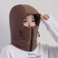 Gorro de invierno para ciclismo en algodón de plumón cálido antiviento con mascarilla. - Marrón