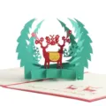3D pop up Christmas greeting card with laser cut green trees and red deer for holiday gifts. - Christmas Tree Style