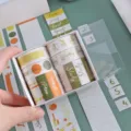 Detail view of decorative masking paper tape set with green patterns, plan and study words. - Timeline Style B
