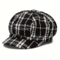 Gorra octogonal de tweed a cuadros negro blanco retro boina otoño invierno cálida - Talla única / Negro