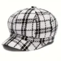 Gorra newsboy de tweed en blanco y negro para mujer, sombrero octogonal vintage otoño invierno. - Talla única / Blanco