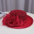 Detail shot of the vintage red flat top hat featuring elegant black lace and large roses. - M (55-58cm) / Burgundy