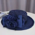 Elegant navy blue women's flat top hat with lace and fabric flowers for summer style. - M (55-58cm) / Navy Blue