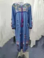 Bohemian blue floral print maxi dress with elegant long sleeves and tassel drawstring - S / Dresses / Blue