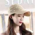 Femme été perle strass tricoté évidé casquette de baseball chapeau de soleil élégant respirant - Beige style losange avec perles artificielles