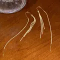 Long chain gold tassel earrings, minimalist drop ear wires for women daily fashion jewelry. - Gold