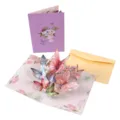 Carte de voeux 3D pop up papillon avec design floral, couverture violette et enveloppe. - Papillon Violet Doré à Chaud