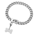 Close-up detail of the 13mm stainless steel cuban link pet dog collar with bone tag. - 10 Inches / 25cm / Steel