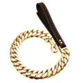 Heavy duty 32mm gold metal dog chain collar with black leather handle leash for pets. - 90cm Chain Length + Black Leather / Gold
