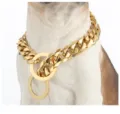 Gold stainless steel Cuban link dog collar detail, heavy metal chain with dual rings close-up. - 15mm, 12 Inches / 30.5cm (Recommended for Dog Neck 8 Inches) / Gold