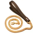 Gold Cuban link dog leash with black leather handle, heavy duty stainless steel pet chain. - 60cm Chain Length + Black Leather / 14mm Gold Color Triangle Buckle
