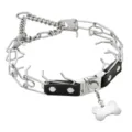 Stainless steel dog prong training collar detail view with leather accent and metal bone tag. - 30 Inches (76cm) / Steel Color (With Bone Tag)