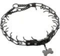 Black stainless steel dog prong training collar close-up, durable metal pinch link design. - Black (with Bone ID Tag)